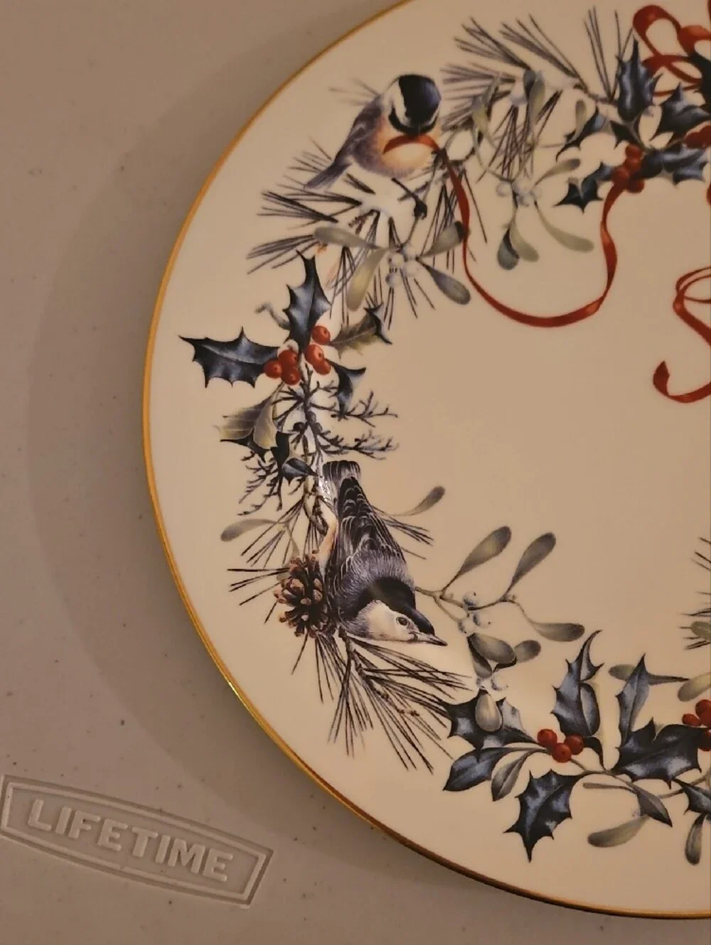 Lenox Holiday Plate with Blue Wreath and Red Cardinal